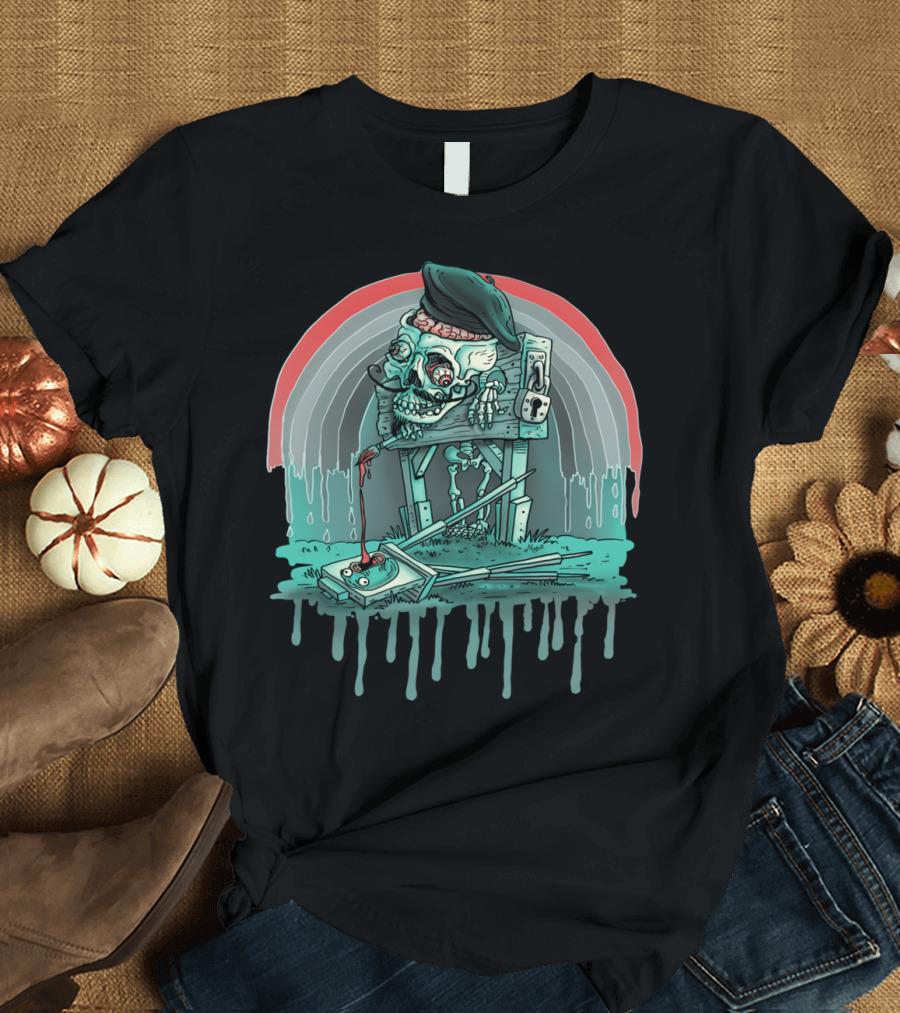 Bad Naughty Hipster Artist Skull with Beret and Brain Rainbow T-Shirt