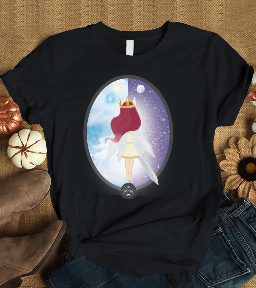 Aurora Monarch with Wings and Sword in Cosmic Duality T-Shirt