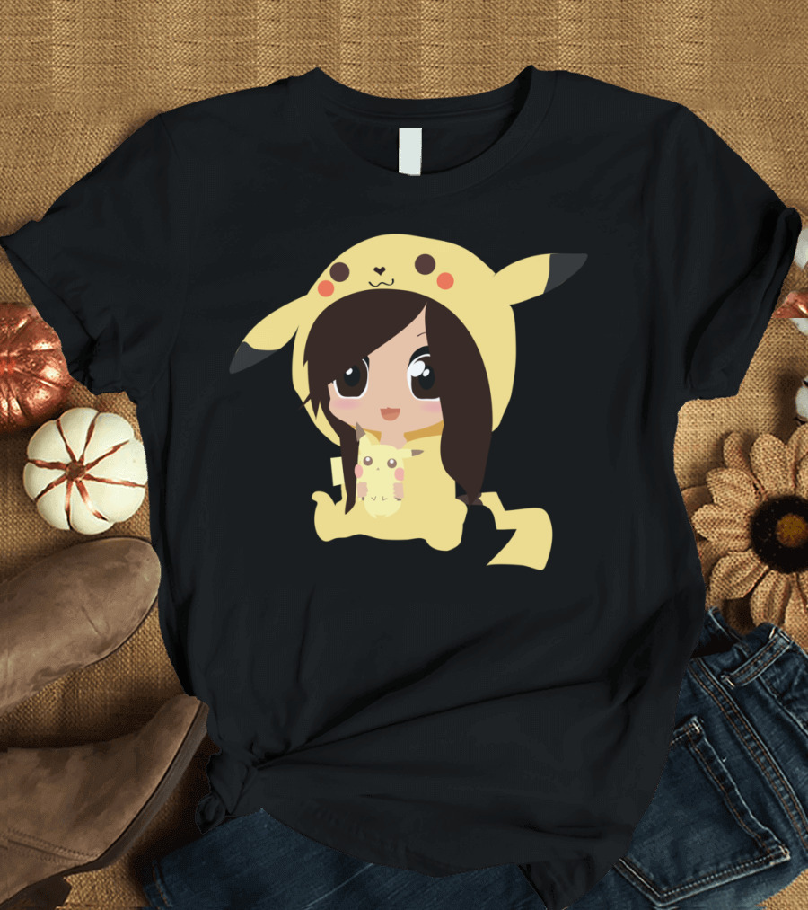 Cute Girl in Pikachu Onesie with Plushie T-Shirt