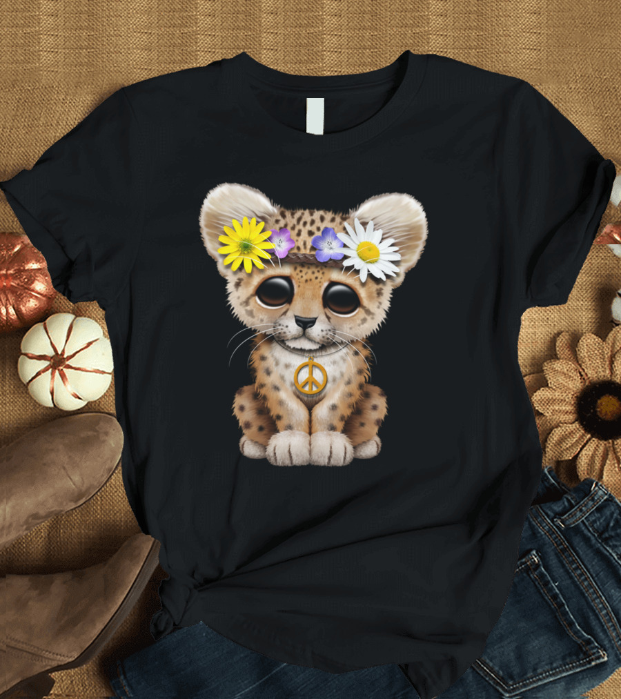 Cute Hippie Leopard Cub with Peace Sign and Flower Crown T-Shirt