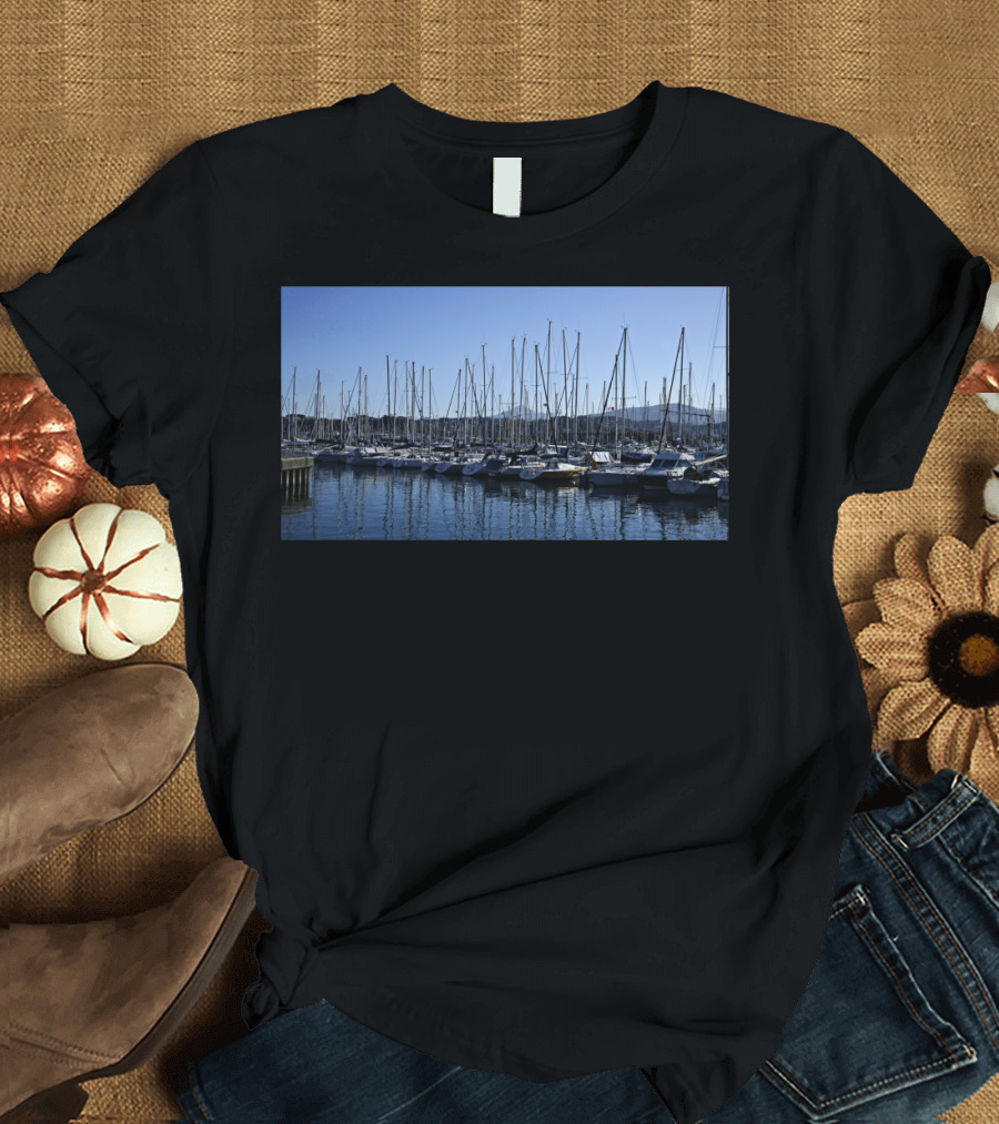 Hendaye Harbour Boats Water Reflection Scenic Print T-Shirt