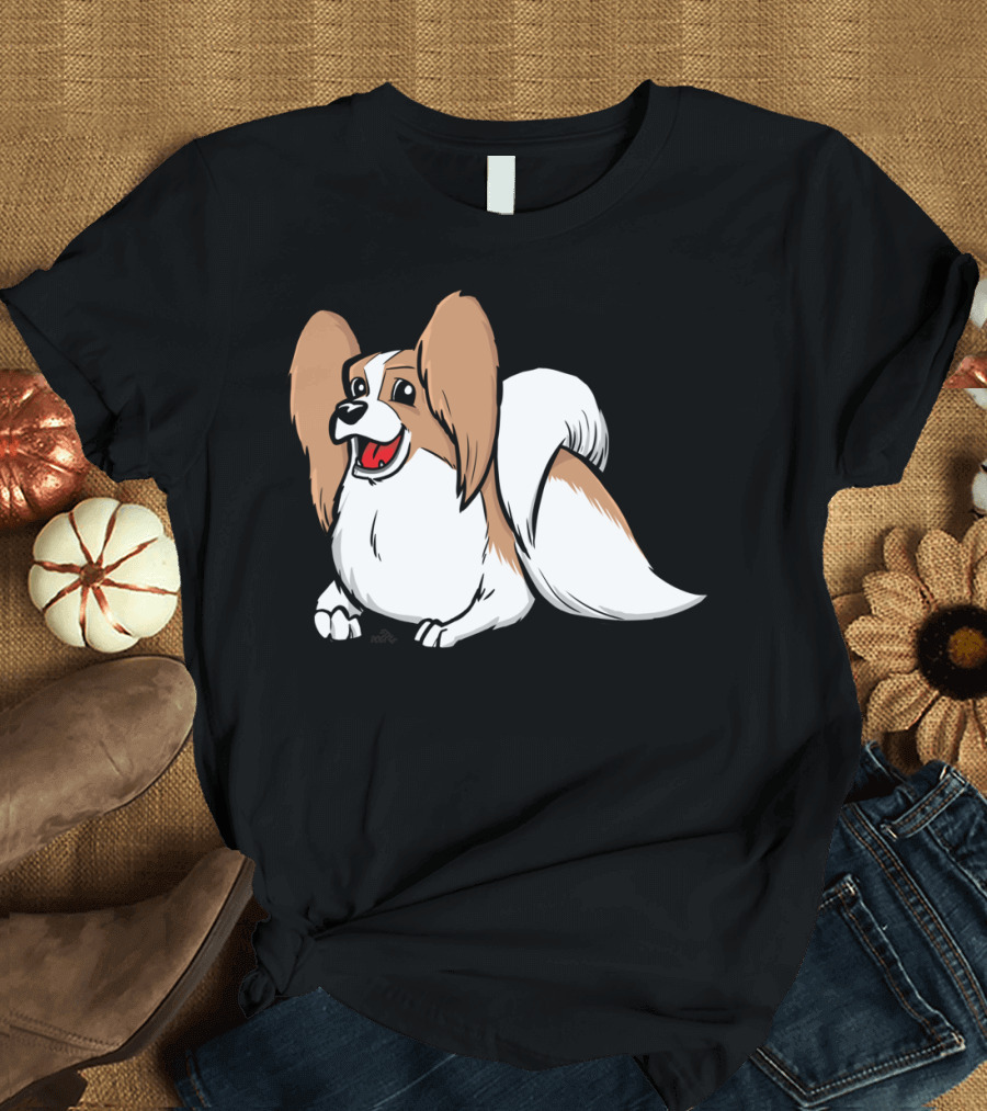 Cute Papillon Cartoon Dog Smiling Playfully T-Shirt