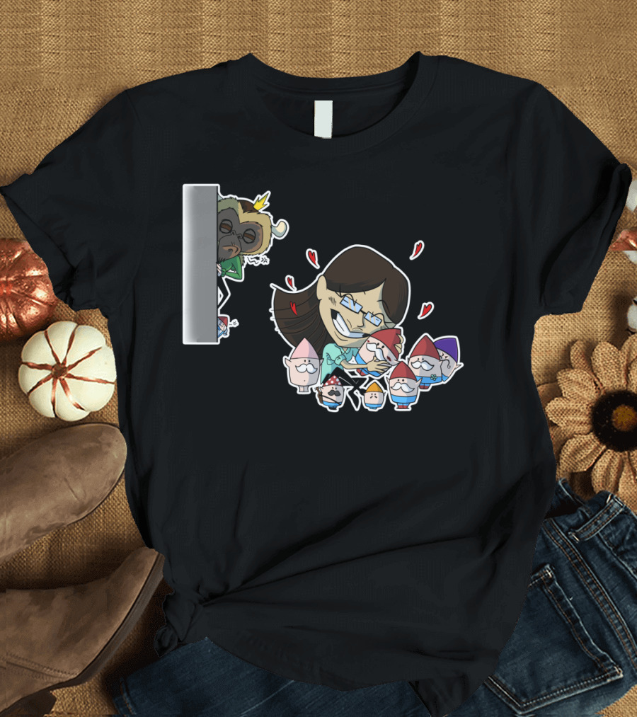 Gnome Drama T Funny Cartoon Characters with Gnomes and Mischievous Masked Figure T-Shirt