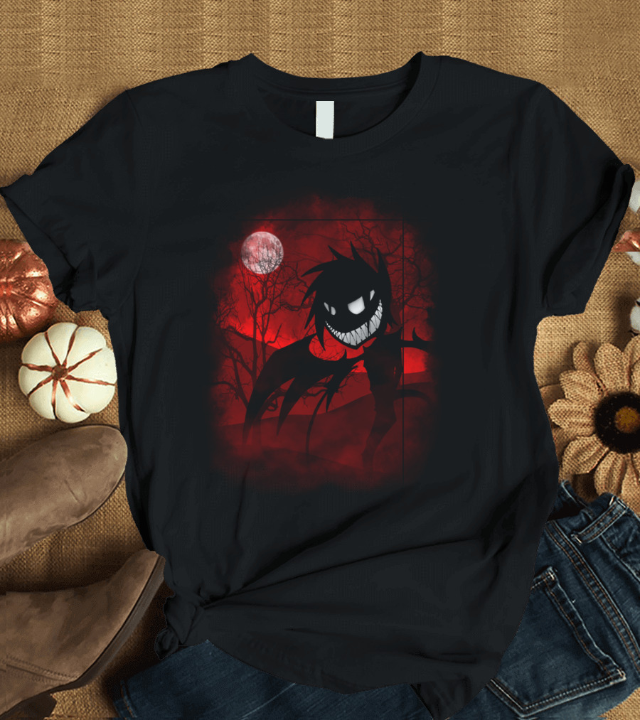 Vengeful Soul Nightmare Silhouette in Red Moonlit Forest Scene T-Shirt