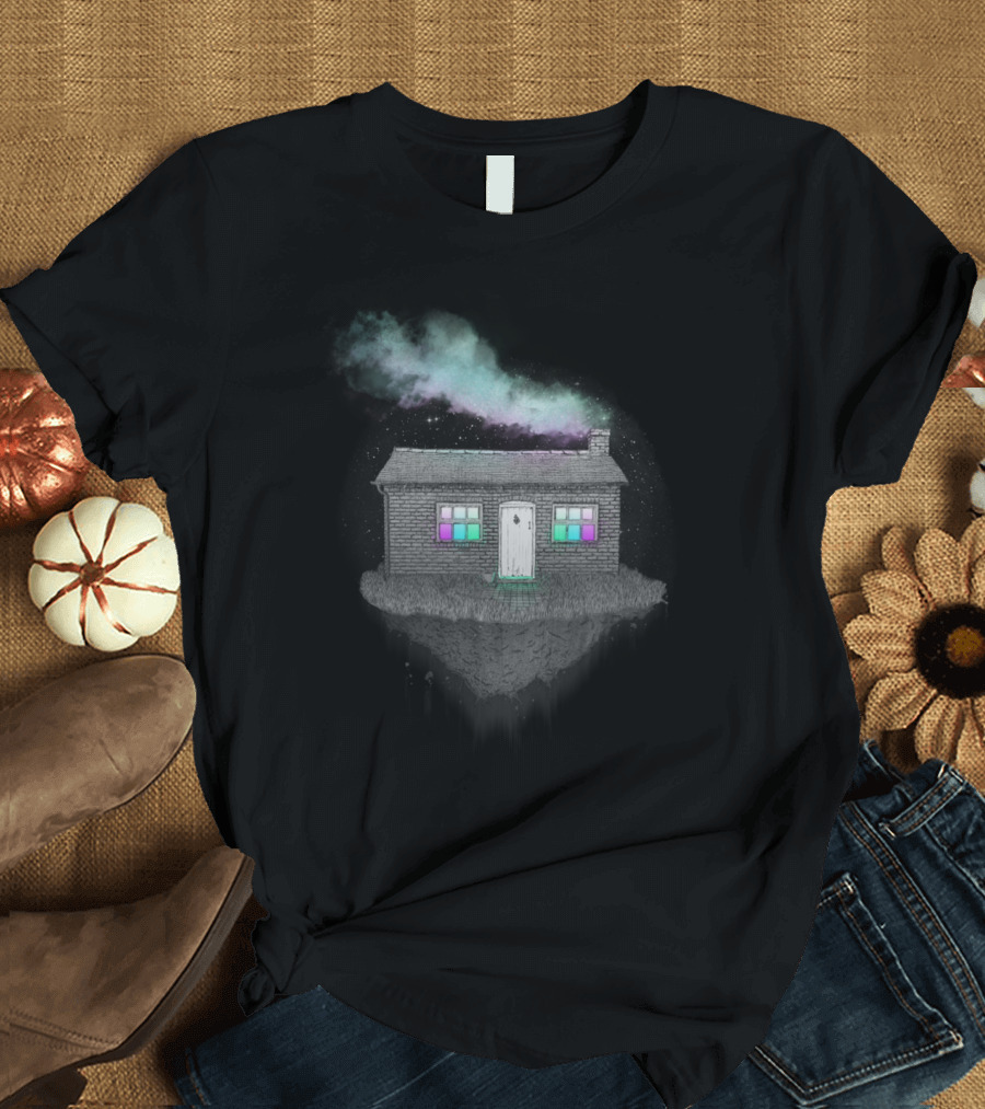 Escape Floating Cottage with Vibrant Windows and Cosmic Smoke T-Shirt