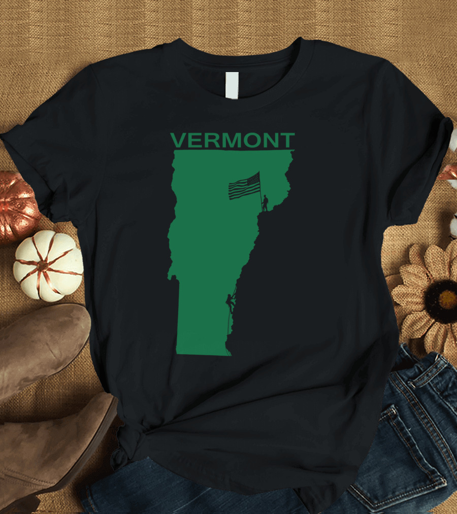 VERMONT State Silhouette with Climbers and American Flag T-Shirt