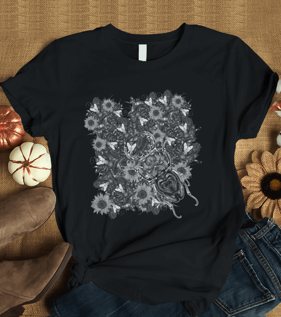 Bug Over Sunflowers and Moths in Intricate Nature Motif T-Shirt