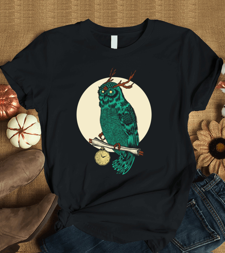 Essentric Owl with Antlers and Pocket Watch Perched on Scroll T-Shirt