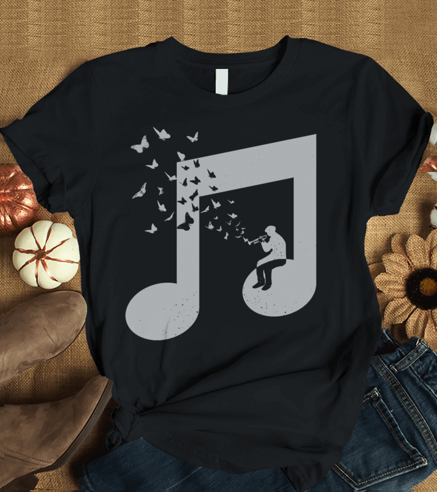 Bugle Music Note with Butterflies and Trumpet Player T-Shirt