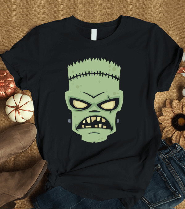 T-Shirt: Frankenstein Monster Iconic Cartoon Head with Stitched Forehead and Angry Expression T-Shirt Frankenstein Monster Iconic Cartoon Head with Stitched Forehead and Angry Expression T-Shirt