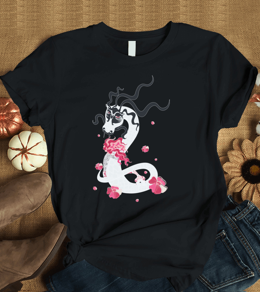 Eternal T White Dragon with Red Floral Accents T-Shirt