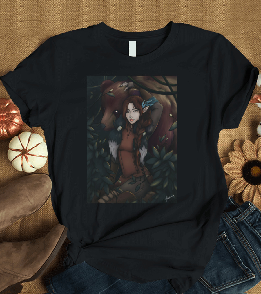 Vex Art Pr Mysterious Forest Girl with Bear and Feathers T-Shirt