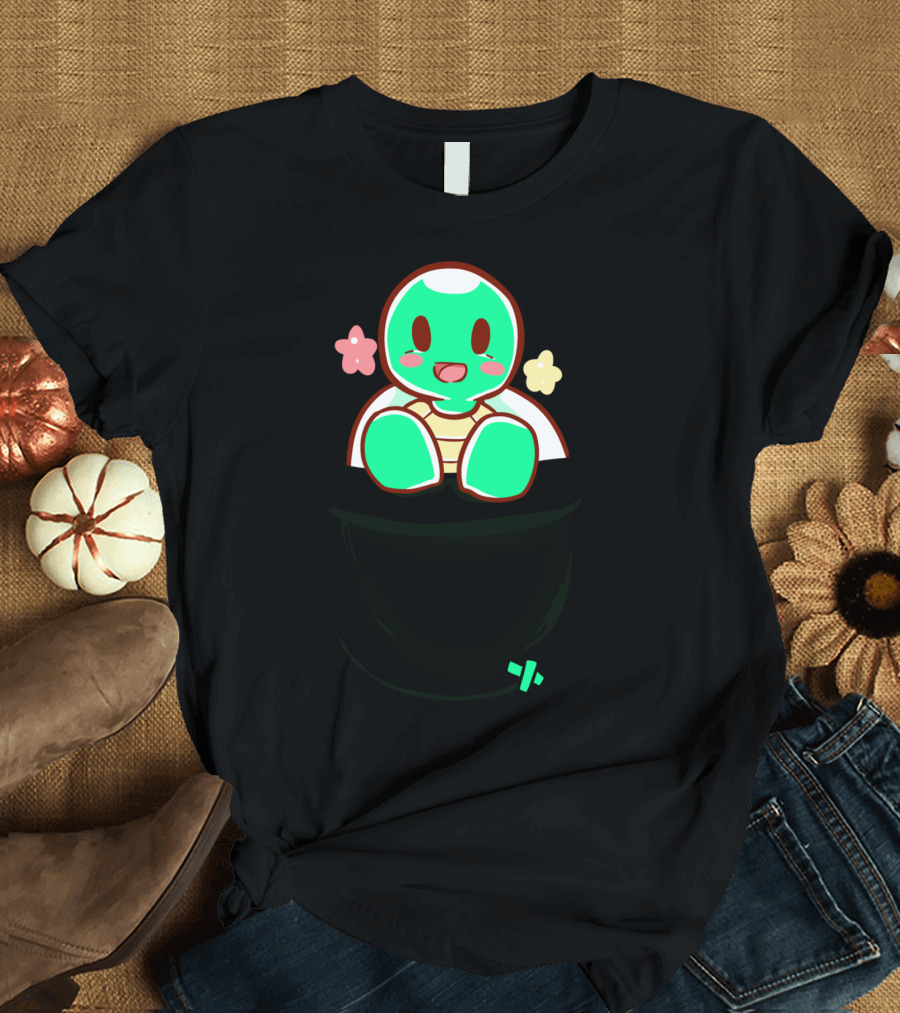 Cute Turtle Peeking from Pocket with Cheery Stars T-Shirt