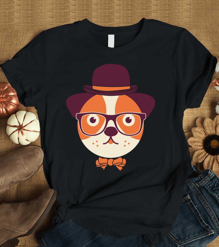 Hipster Dog Wearing Glasses Hat and Bow Tie T-Shirt