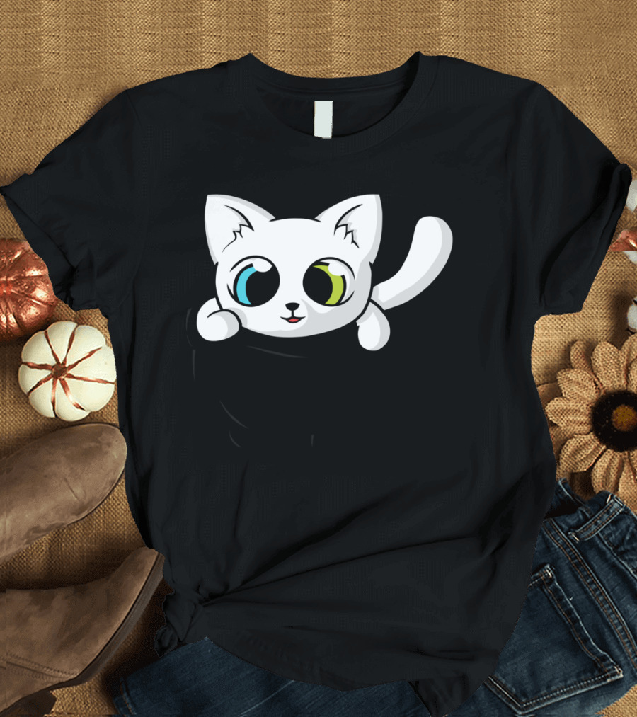 Cute White Pocket Cat Dual-Colored Eyes T-Shirt