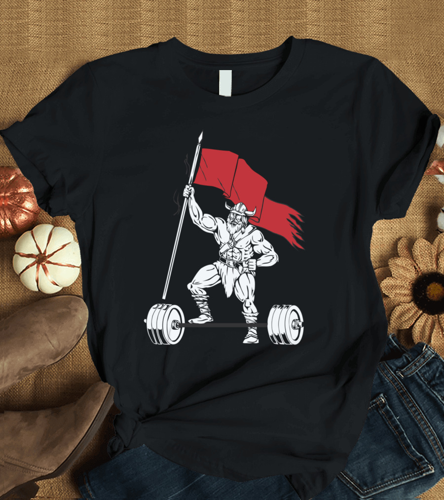 Viking Warrior Barbell Waving Red Flag T-Shirt