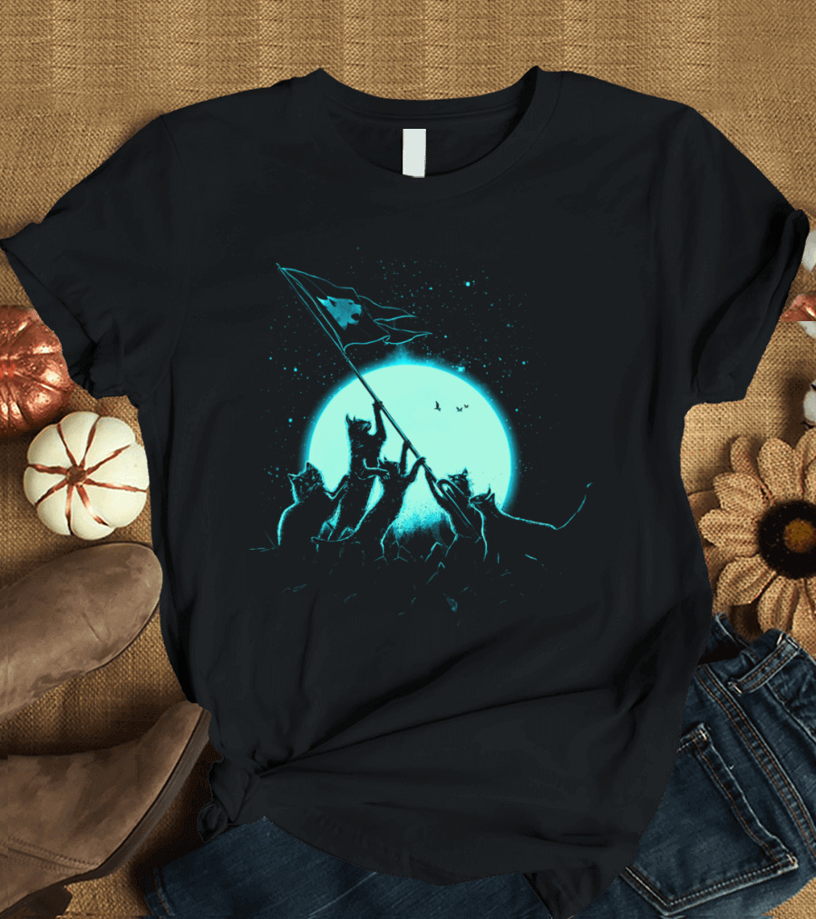 Freedom Cats Moonlit Flag Raising T-Shirt