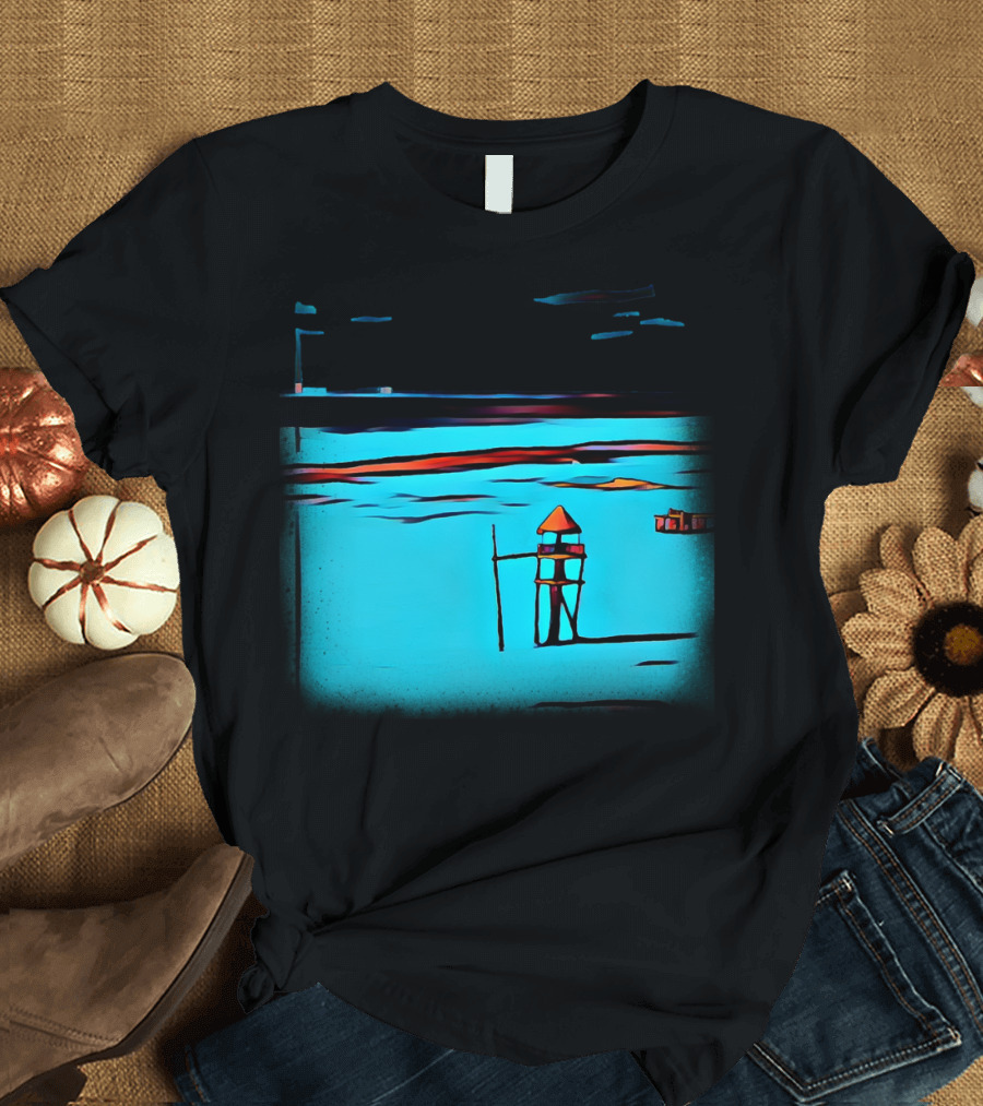 Bay Tower Coastal Sunset Scene with Lifeguard Station T-Shirt