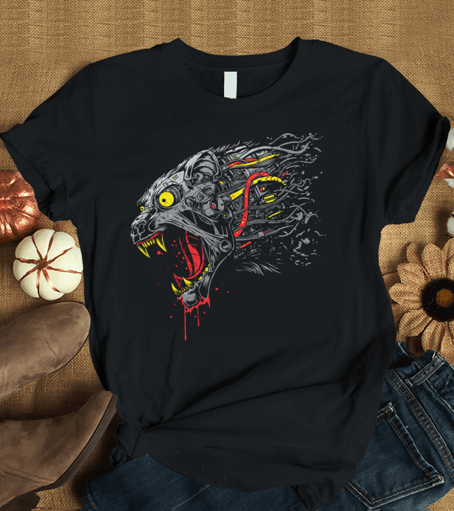 Cybernetic Panther Head with Mechanical Elements and Red Yellow Accents T-Shirt