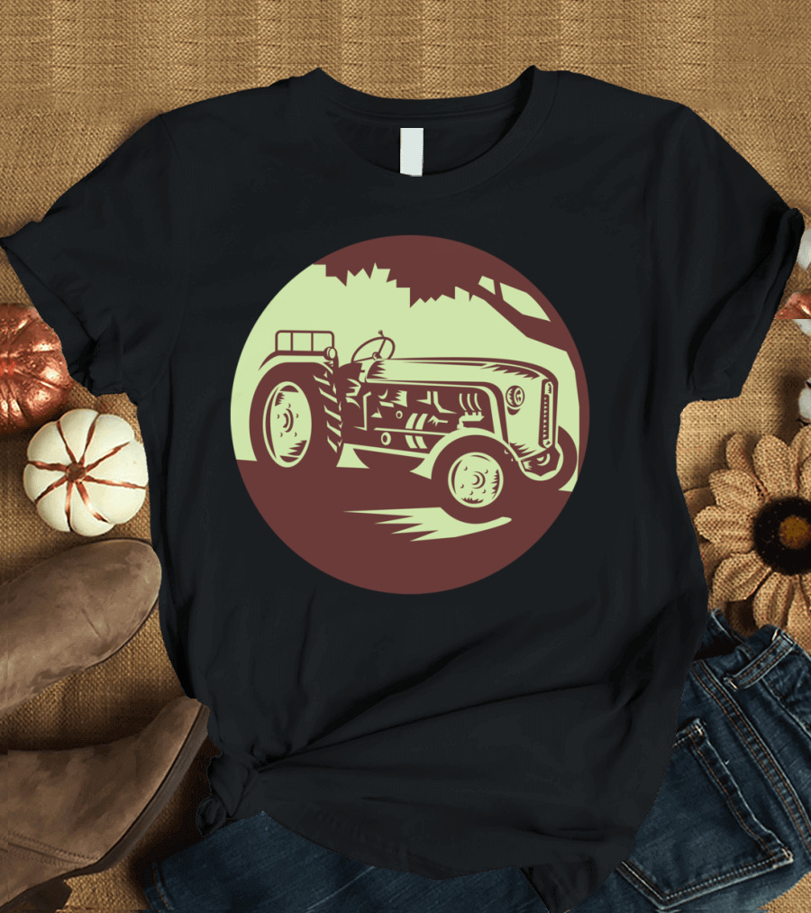 Vintage Farm Tractor Circle Woodcut Retro Countryside農業계ígörögországrátti T-Shirt