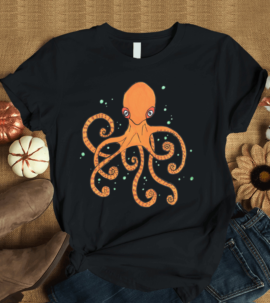 Octopus And Bubbles Swirling Orange Cephalopod With Eyes T-Shirt