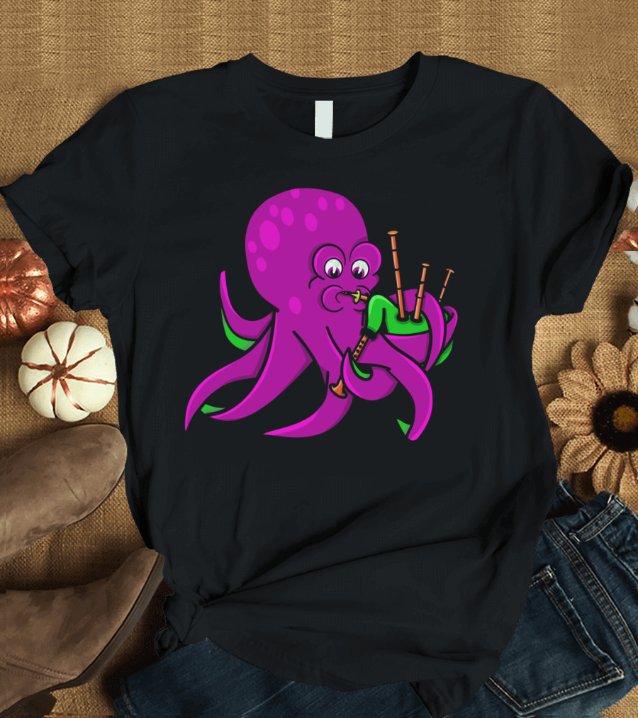 Octopus Playing The Bagpipes Fun Quirky Cartoon T-Shirt