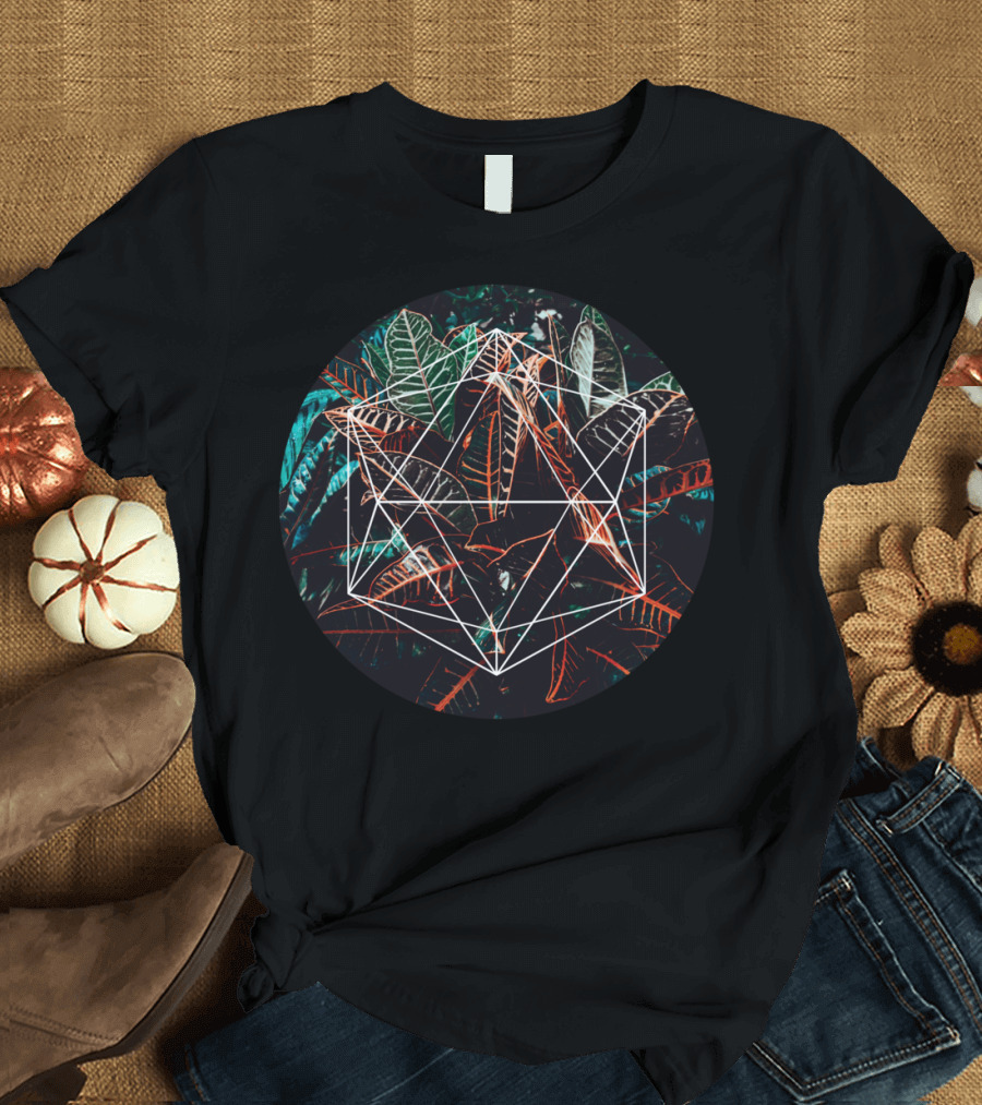 Icosahedron Geometric Overlay on Tropical Foliage Background T-Shirt