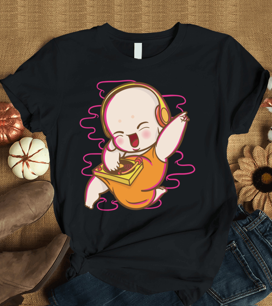 Little Monk DJ Joyful Dance with Headphones and Turntable T-Shirt
