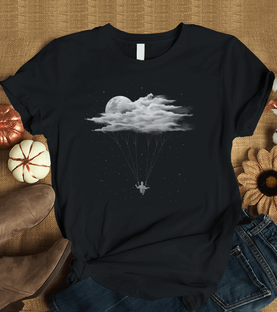 Skydiving Astronaut with Cloud Parachute Under Moonlit Night Sky T-Shirt