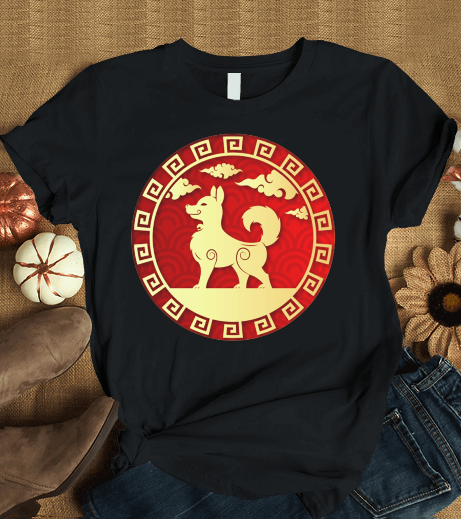 Golden Dog on Red Chinese Zodiac Circle T-Shirt