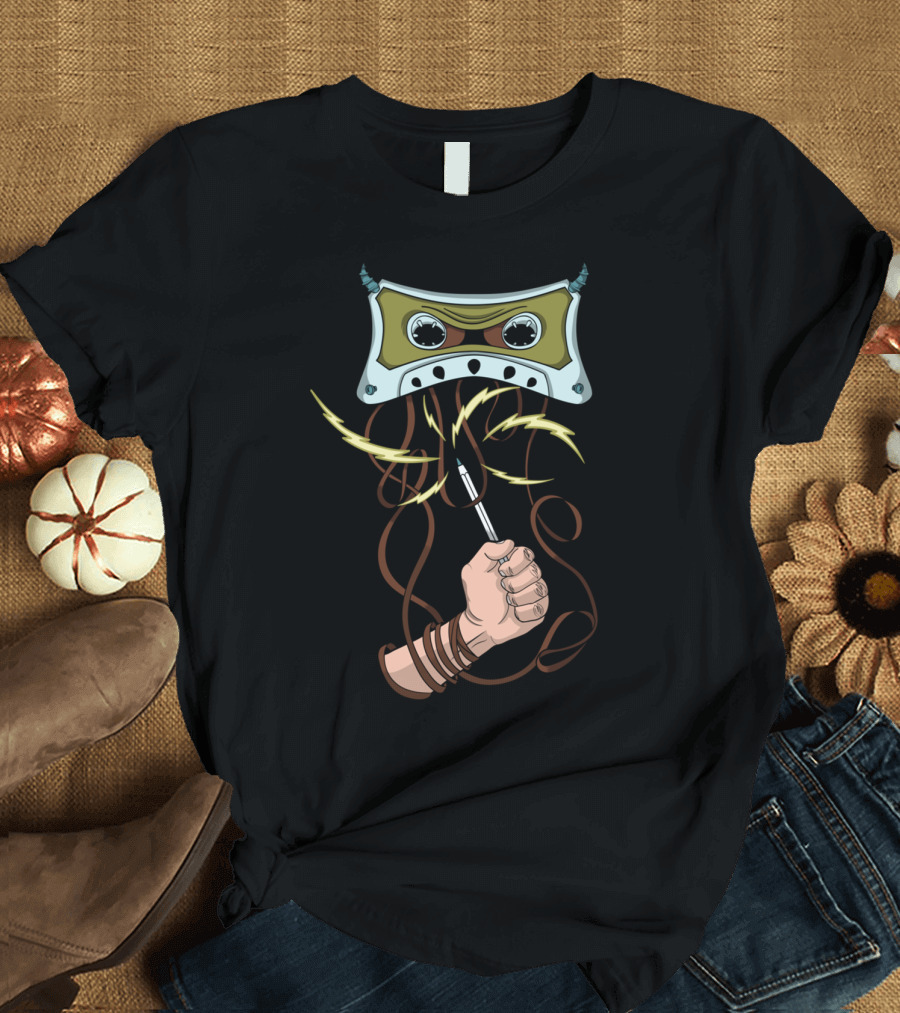 Evil Tape Cassette Mischief with Lightning and Hand-Pen Twist T-Shirt