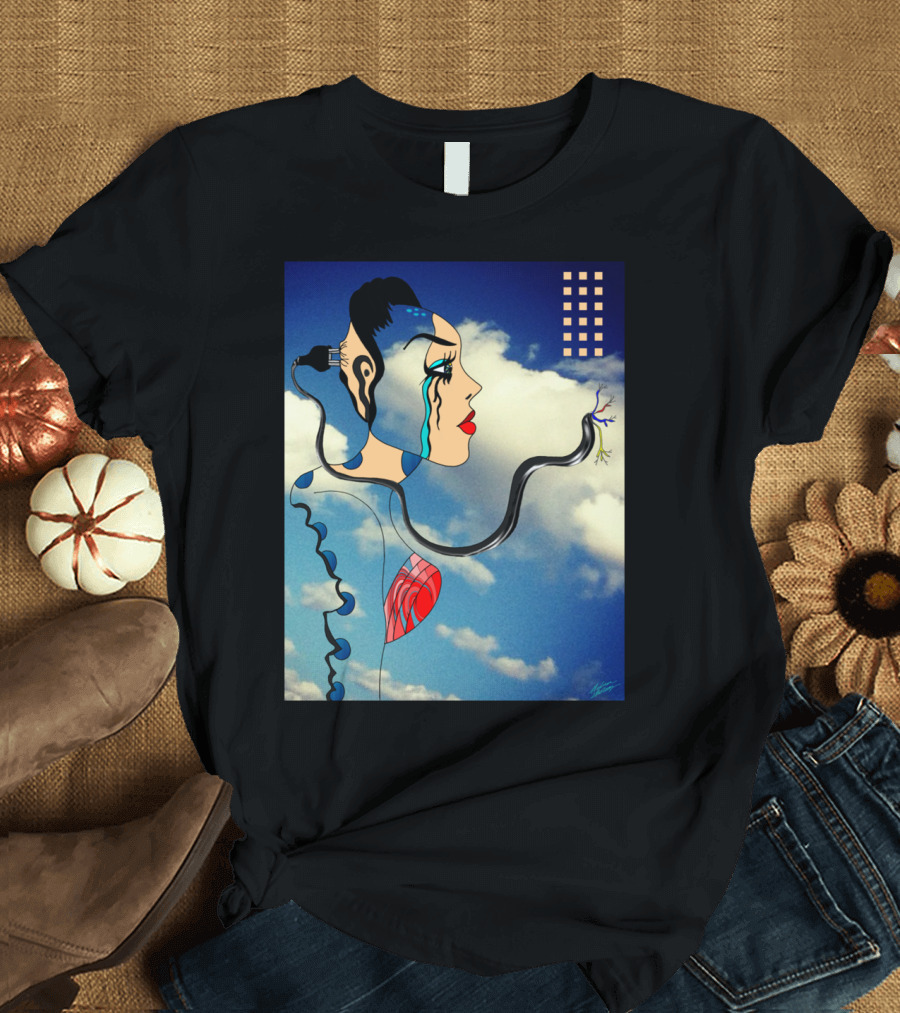 AI Error Surreal Futuristic Woman with Circuitry in Blue Sky T-Shirt