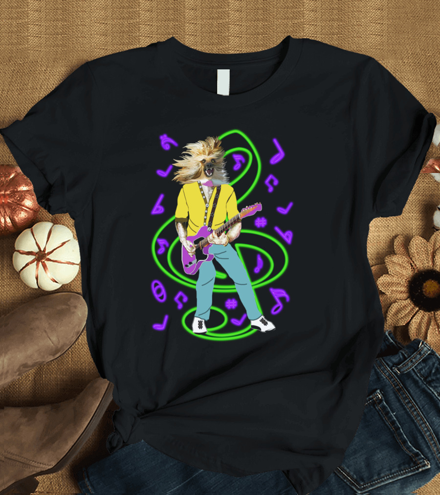 Neon Dog Playing Guitar Surrounded by Musical Notes T-Shirt
