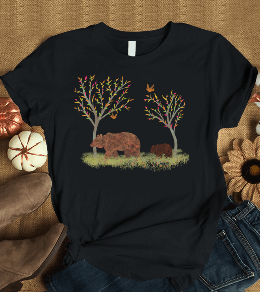 Walking With Mama Bear Forest Stroll with Colorful Trees and Birds T-Shirt