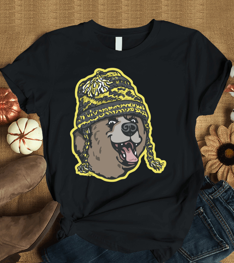 Bear Wearing Yellow and Black Knitted Beanie T-Shirt