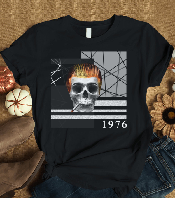 T-Shirt: Cold Wave Man Skull with Cigarette and 1976 Retro Lines and Geometric T-Shirt Cold Wave Man Skull with Cigarette and 1976 Retro Lines and Geometric T-Shirt