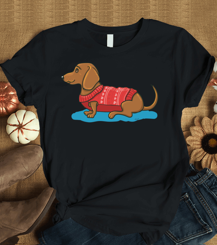 Dachshund Love in Red Sweater with Hearts T-Shirt