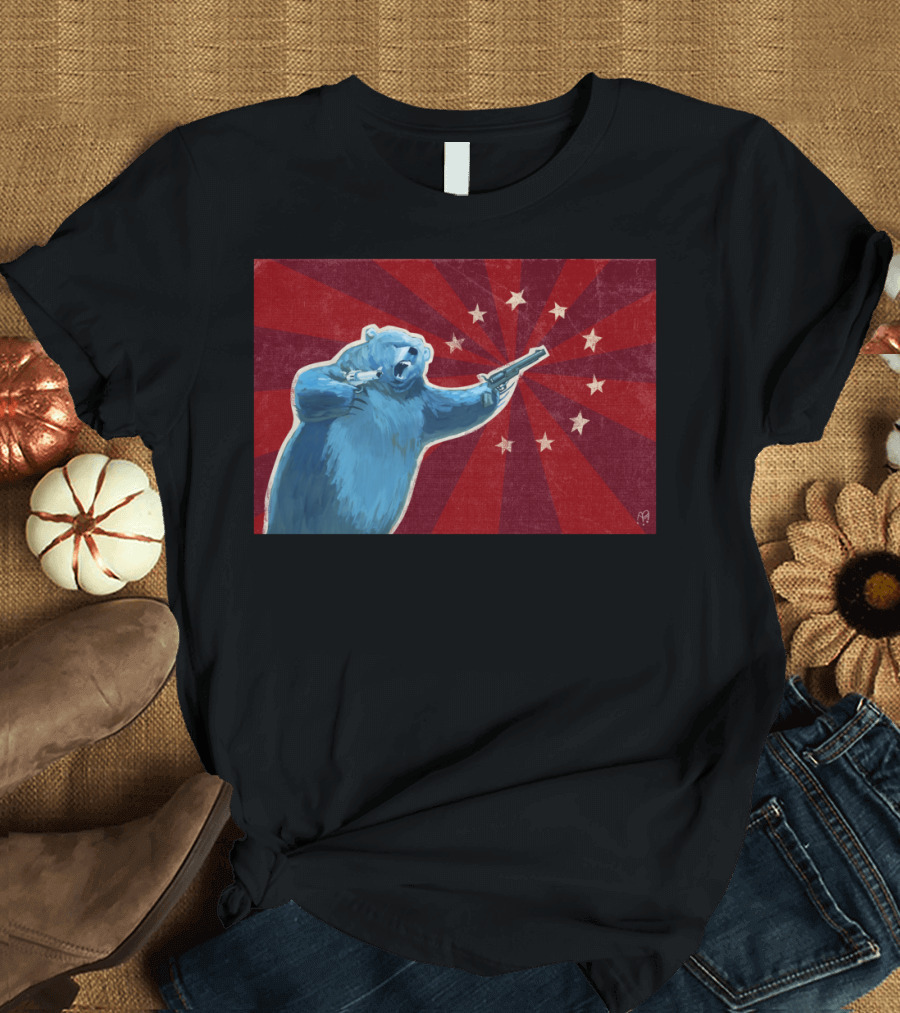 Bear With Gun and Stars on Red T-Shirt