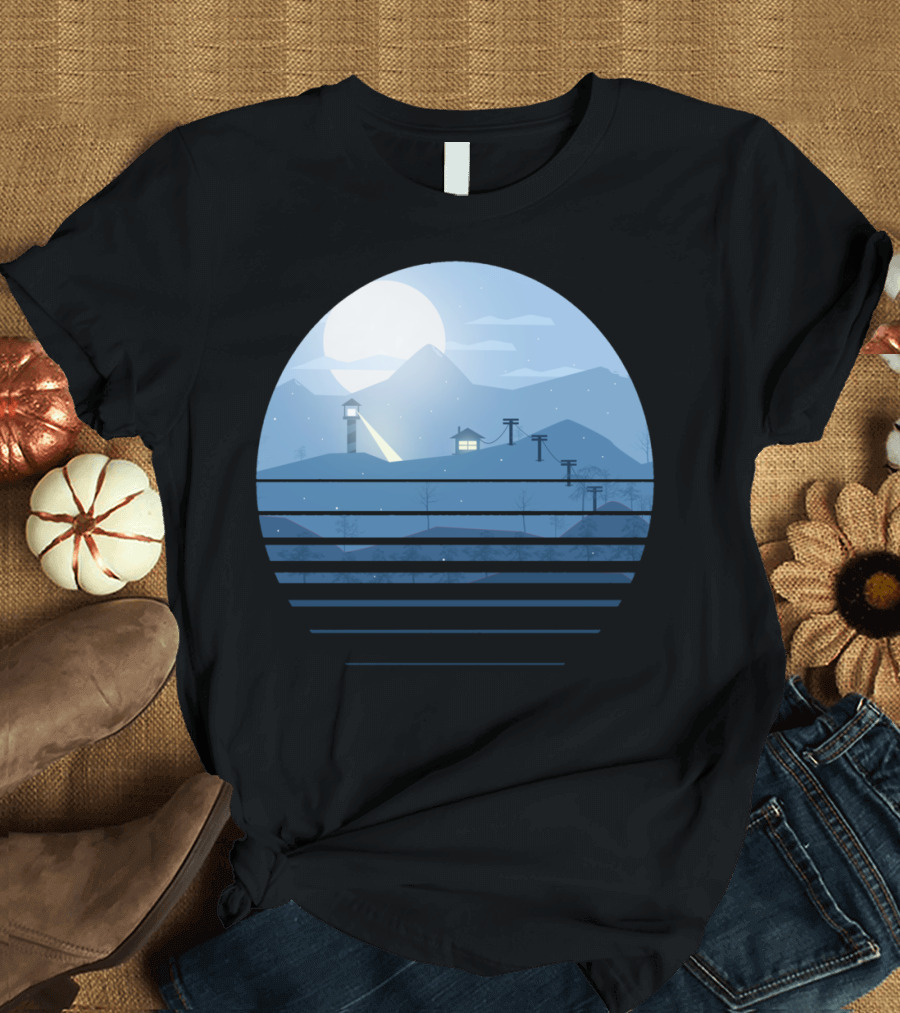 Snow Landscape Flat Lighthouse Mountains and Cable Lines Moonlit Scene T-Shirt