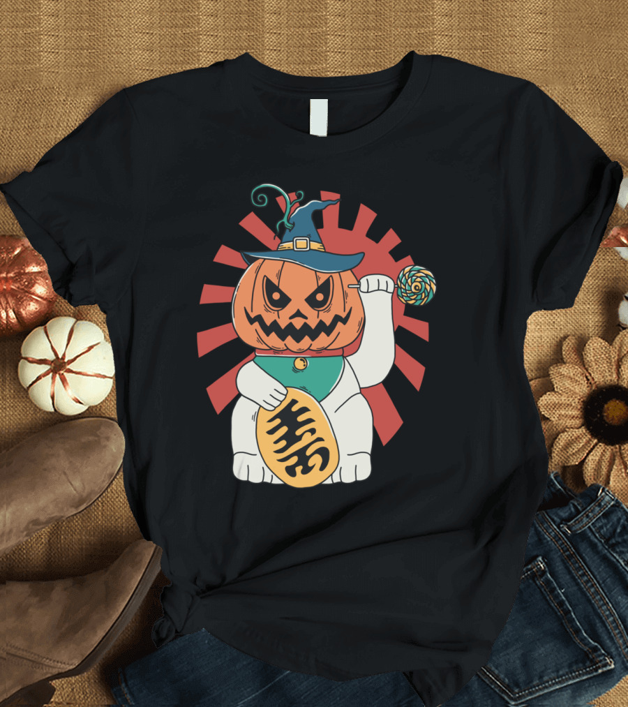 Lucky Halloween Maneki-Neko Pumpkin Wizard T-Shirt