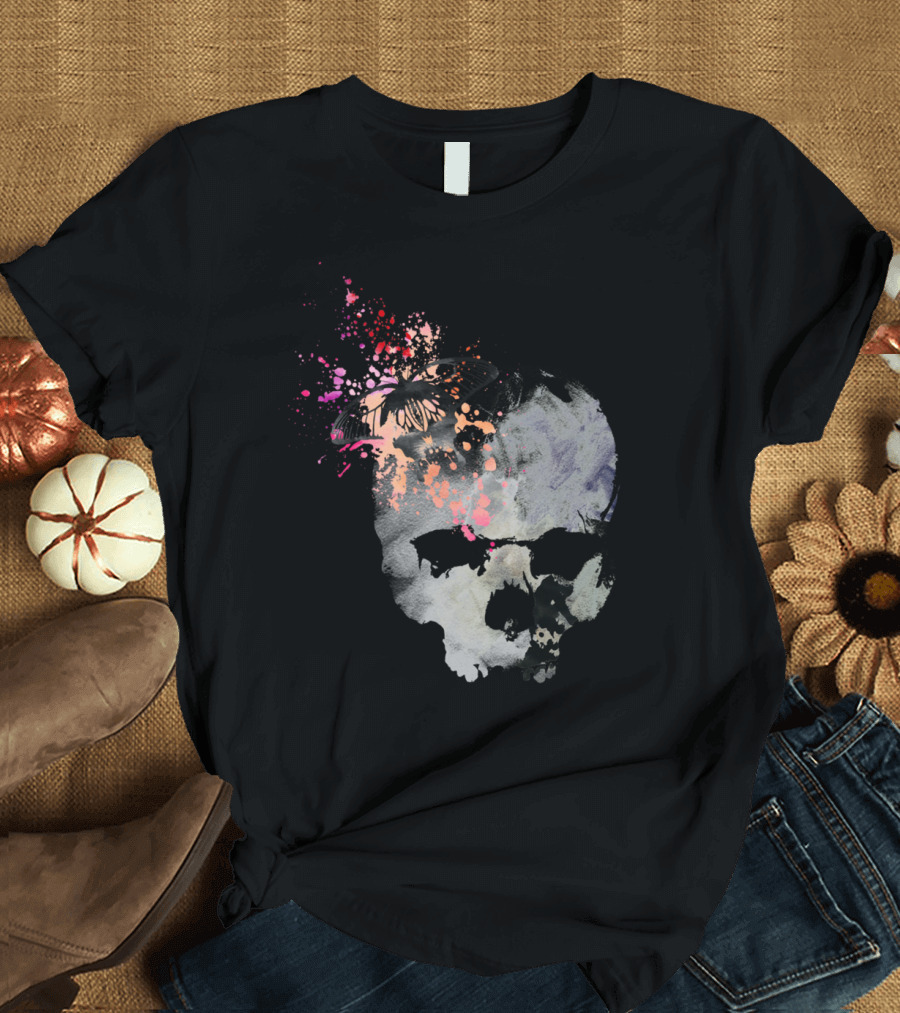 Butterflies in My Skull Abstract Skull Butterfly Paint Splatter T-Shirt