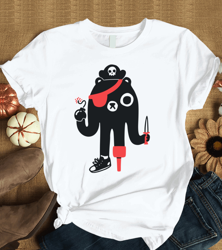 BeARRR Pirate Bear with Skull Hat Eyepatch Peg Leg and Dagger T-Shirt
