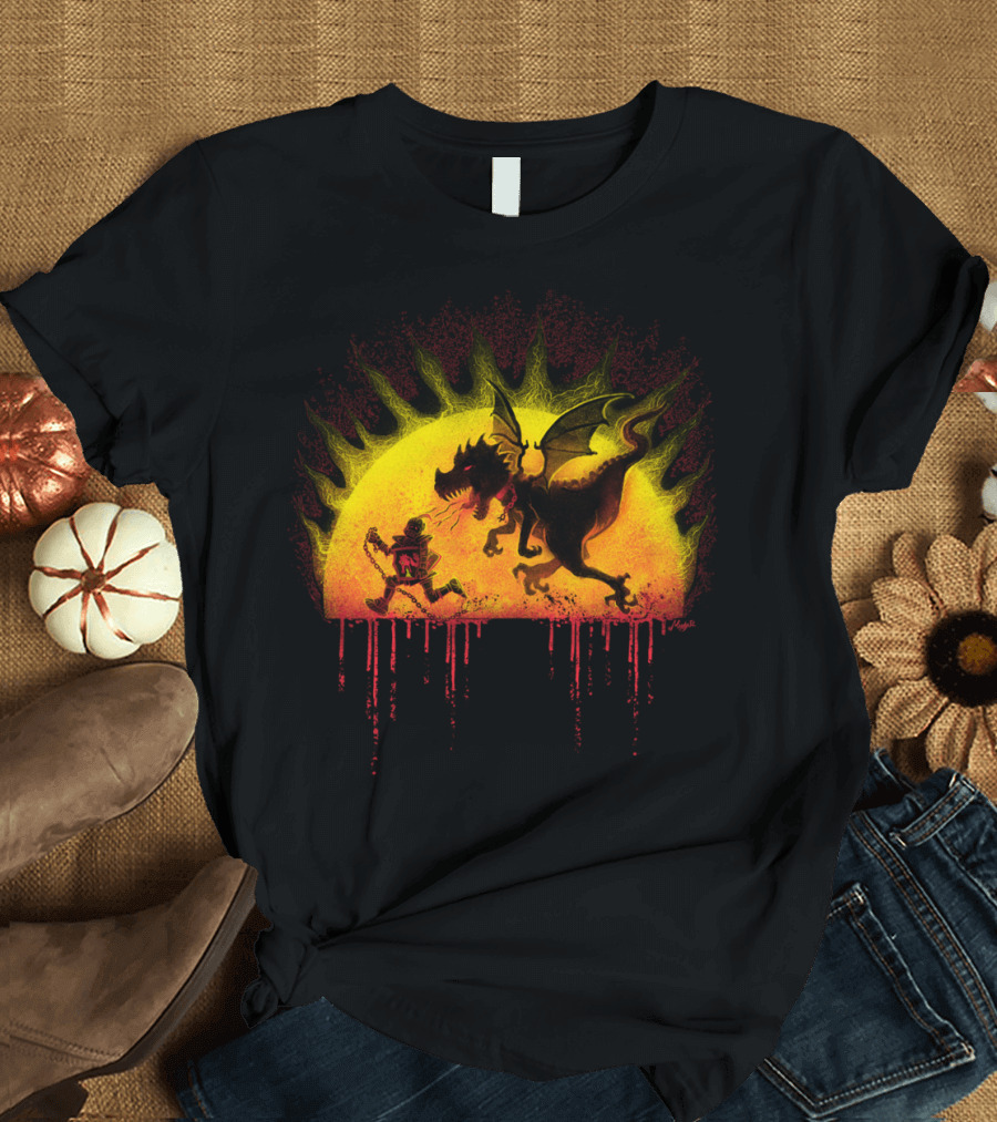 How Not To Train Your Fire Breathing Dragon Dinosaur Pursuit Under Fiery Sunburst T-Shirt