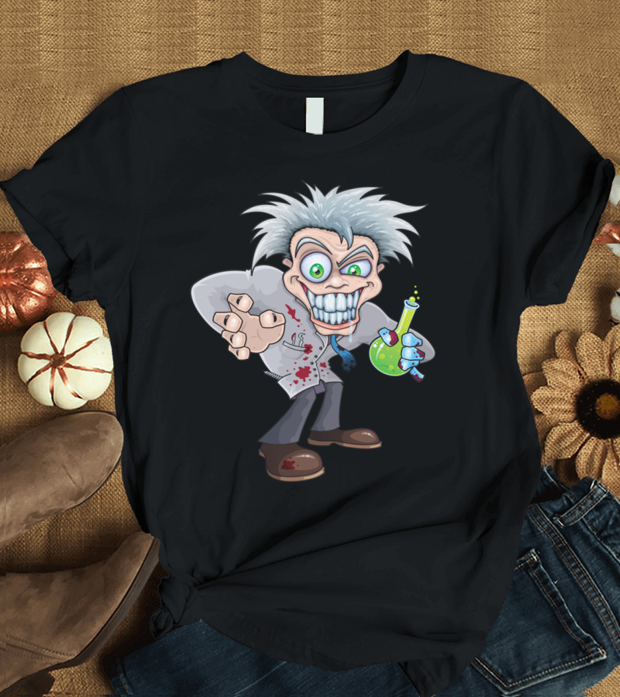 Mad Scientist Crazy Experiment Cartoon Character with Beaker and Lab Coat T-Shirt