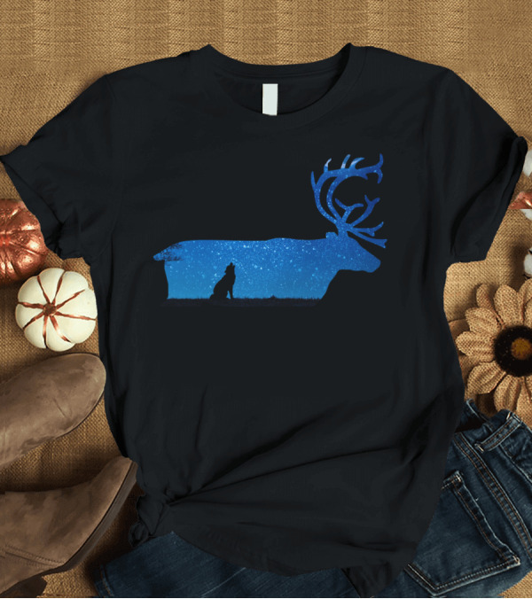 T-Shirt: Howling Wolf Silhouette Within Starry Night Elk Background T-Shirt Howling Wolf Silhouette Within Starry Night Elk Background T-Shirt