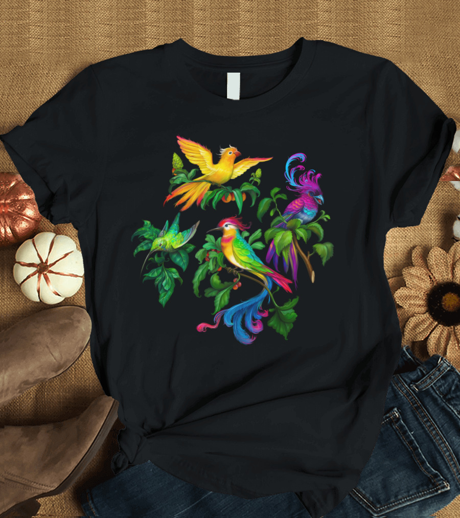 Beautiful Colorful Birdies Amongst Lush Foliage T-Shirt