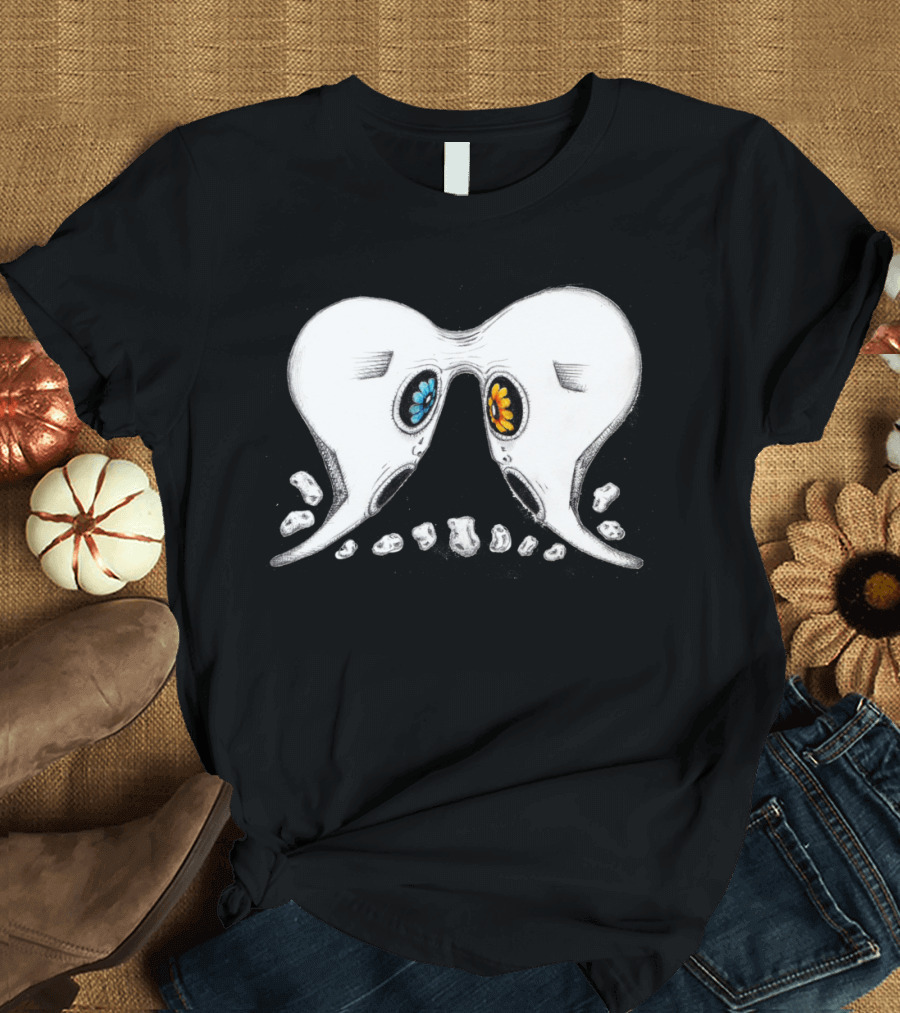 We Are Family Ghostly Masks with Blue and Orange Flowers and Skulls T-Shirt