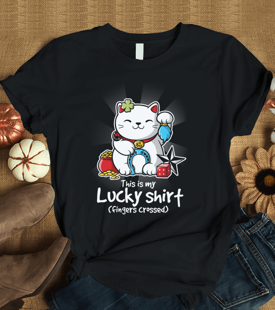 This Is My Lucky Shirt Fingers Crossed Lucky Cat Charm Coins Horseshoe Dice Ninja Star T-Shirt