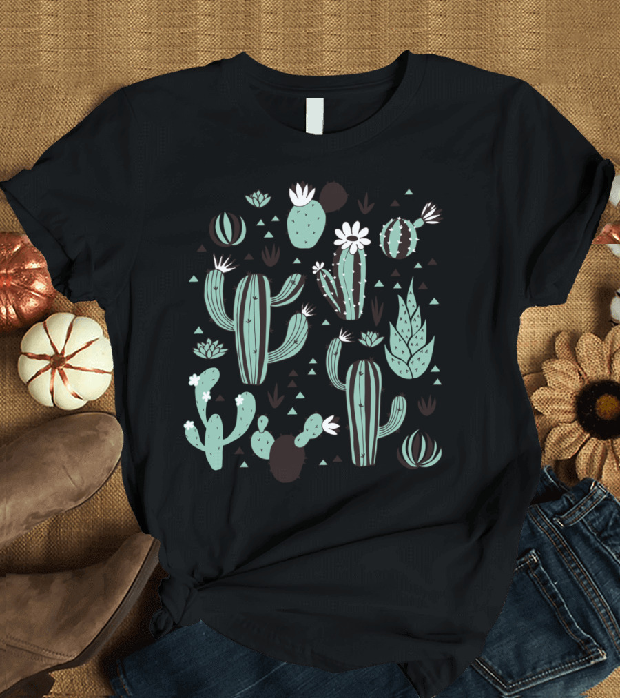 Cacti Pattern with Triangles and Flowers T-Shirt