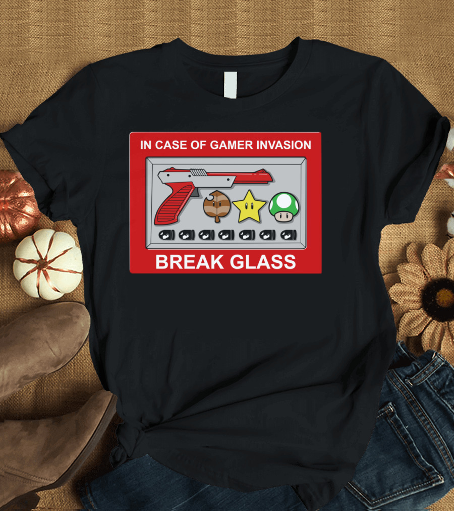 In Case Of Gamer Invasion Break Glass Pixel Power-Up Symbols T-Shirt